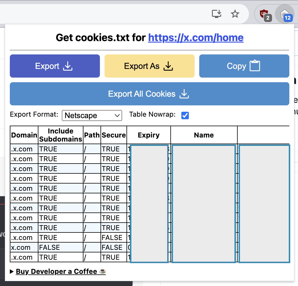 Export Window of the extension